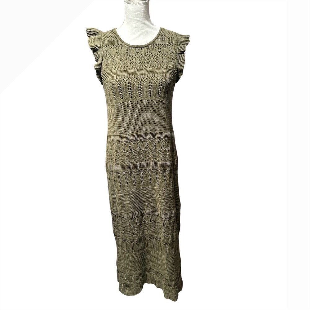 Liz Claiborne Olive Green Crochet Knit Ruffle Maxi Dress Small Pointelle Dress